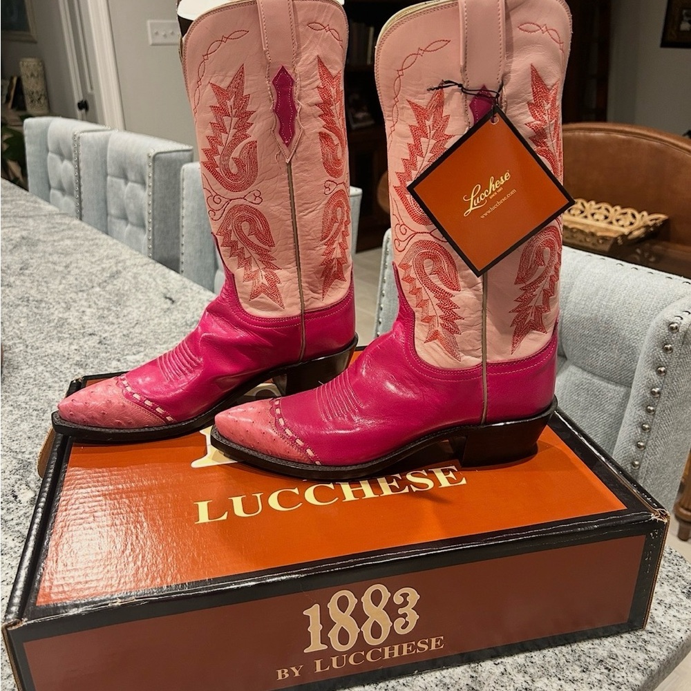 Lucchese Women's Pink and Red Heeled Boots